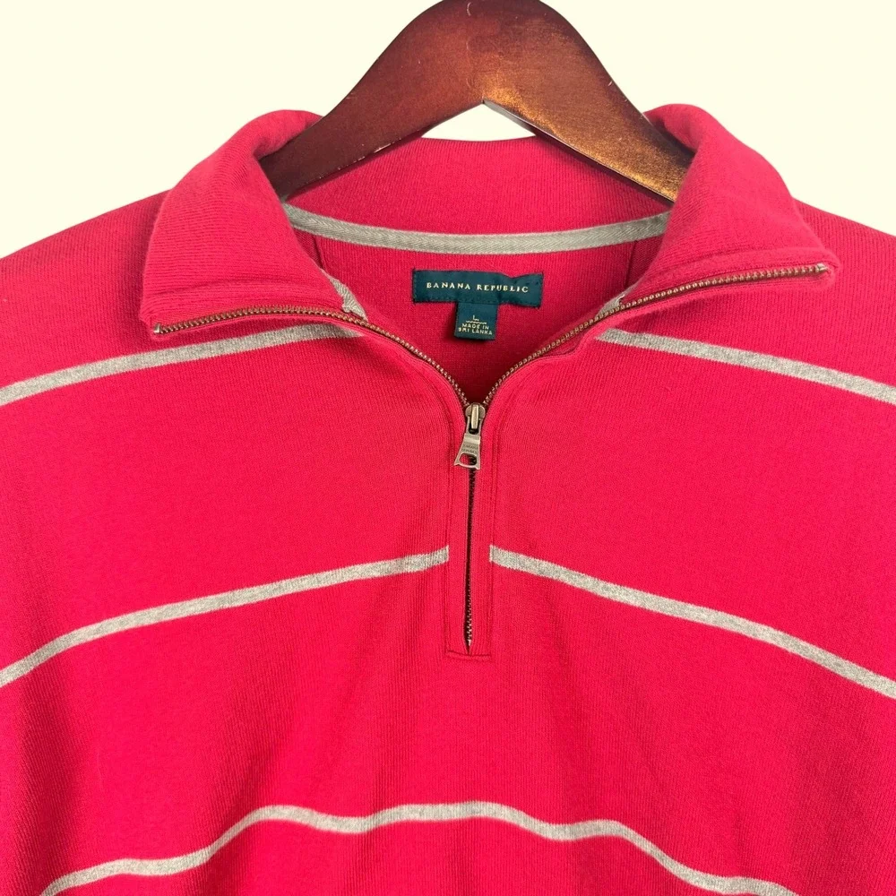 Banana Republic Men's Red Gray Striped Long Sleeve Quarter Zip Polo Shirt Size L